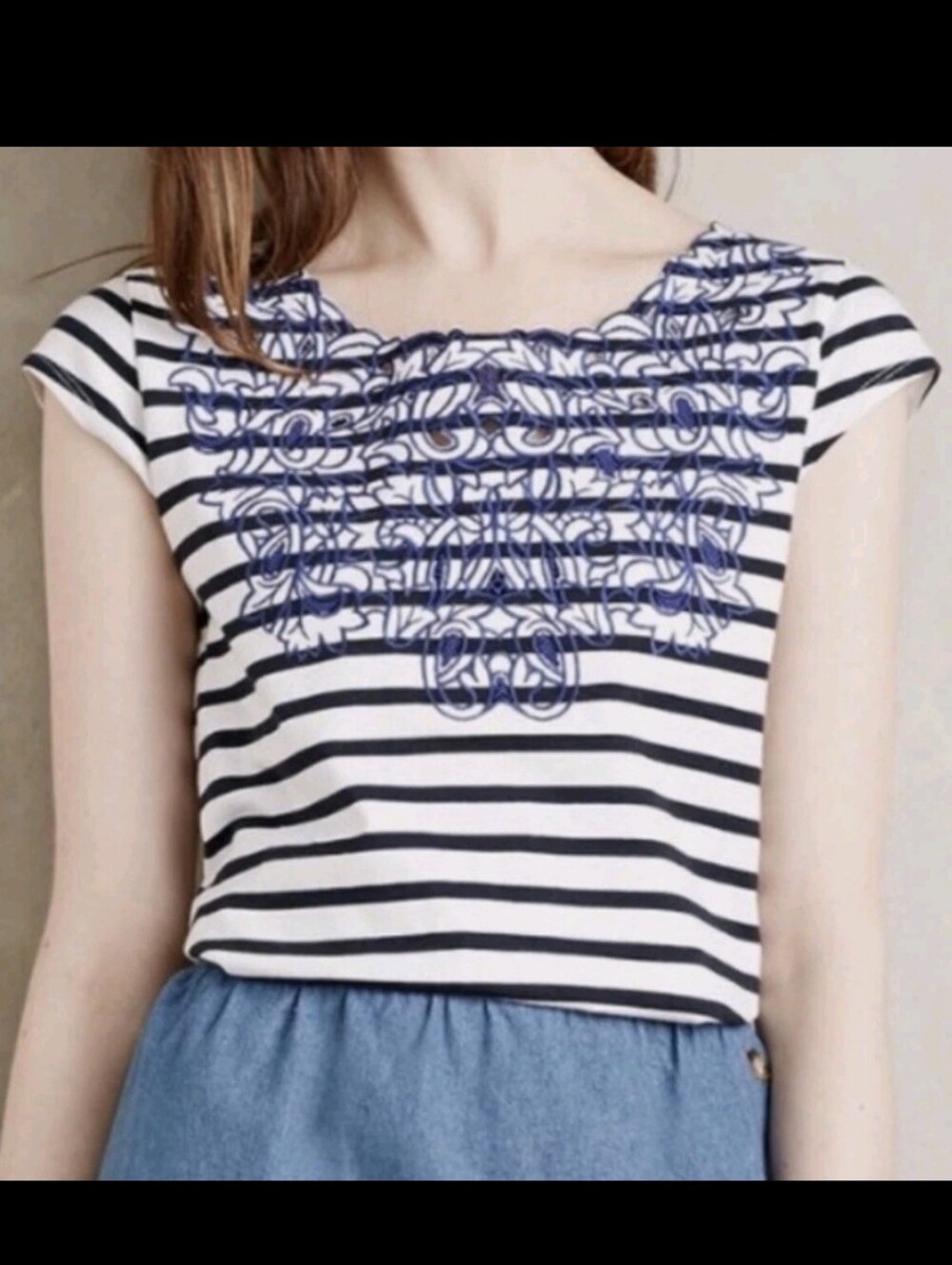 Meadow Rue Black & White Stripe Top w/ Navy Blue Floral Embroidery, Size M